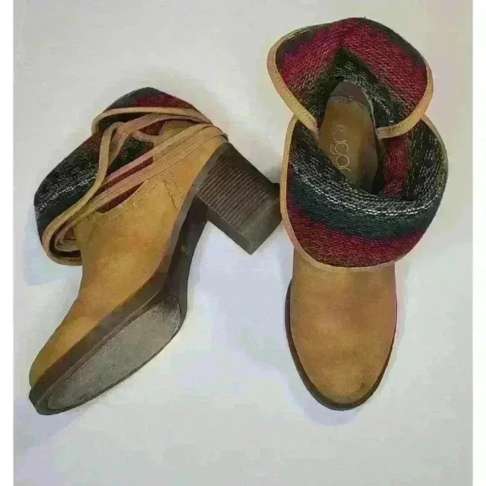 SUGAR Tan Faux Suede Leather Fabric Southeastern Colors Chunk Heel Booties‎ 7.5